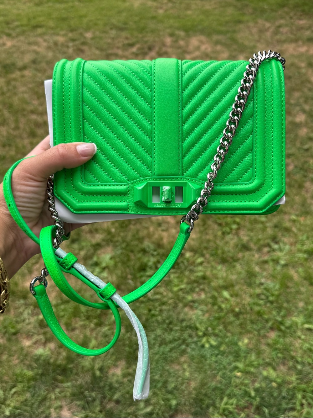 NWT  $248 Rebecca Minkoff Chevron Quilted Leather SM Love Crossbody Lime